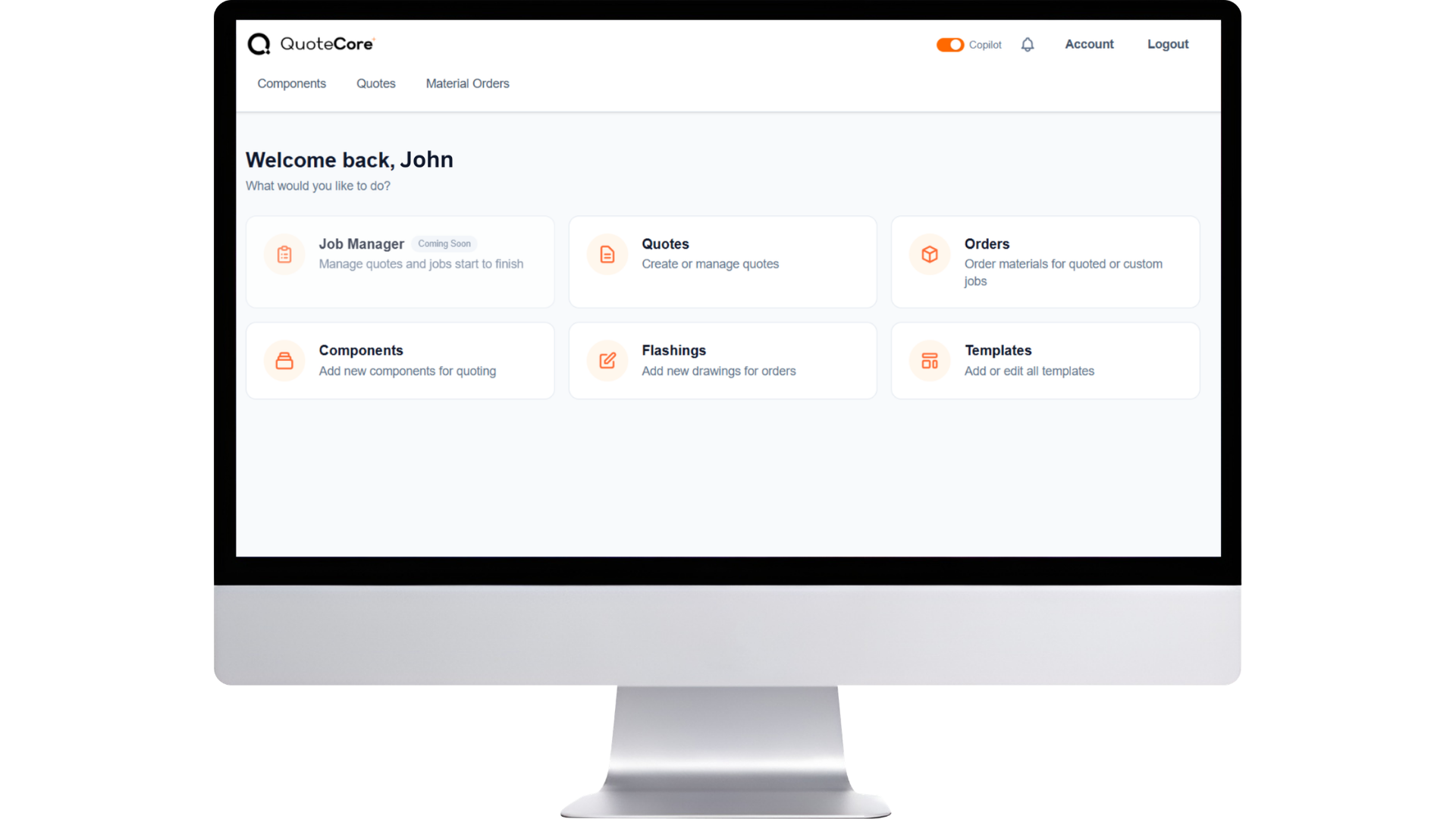 QuoteCore+ product shown on a desktop monitor