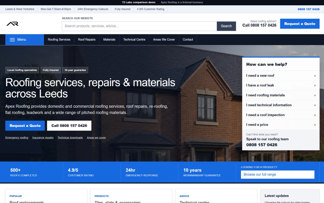 A busy, brochure-style roofing supplier homepage with dense navigation, search bar and PDF downloads
