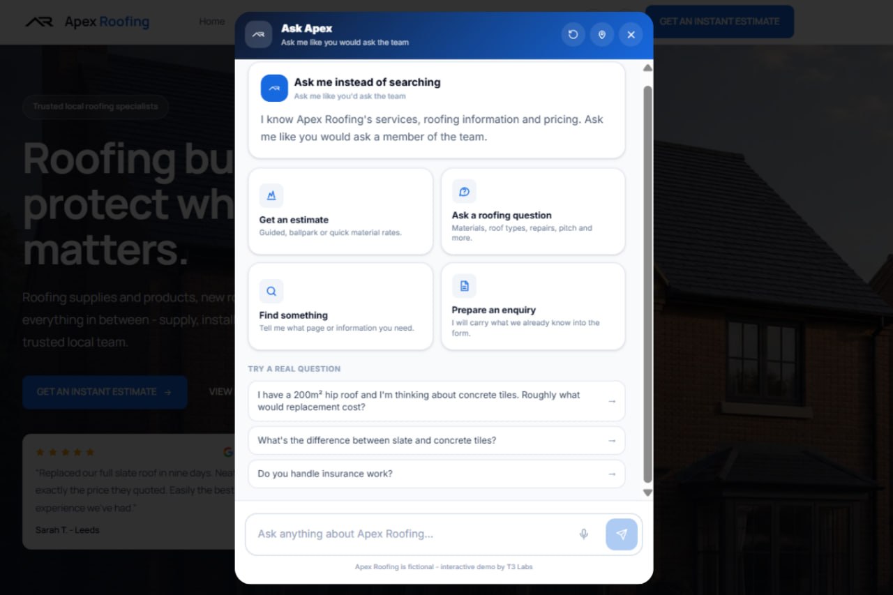 Smart Assistant start screen offering an estimate, a roofing question, finding something or preparing an enquiry